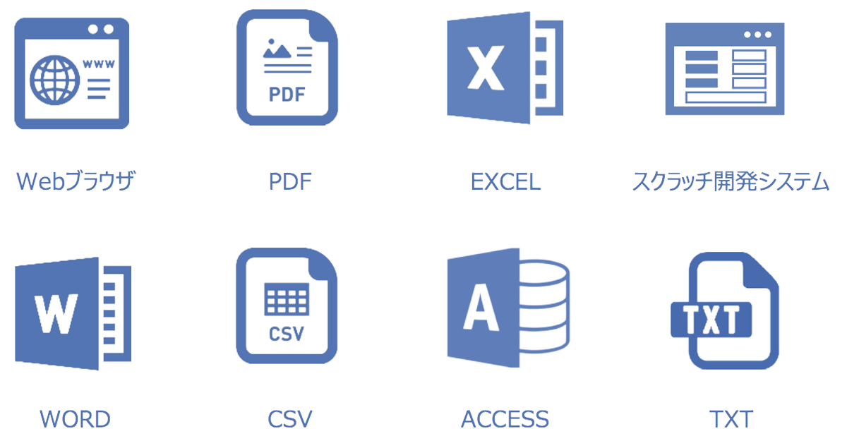 島情くん。は Webブラウザ、PDF、EXCEL、スクラッチ開発システム、WORD、CSV、ACCESS、TXT（テキスト）などありとあらゆるインターフェース、画面をコントロールします。対象システムは問いません。